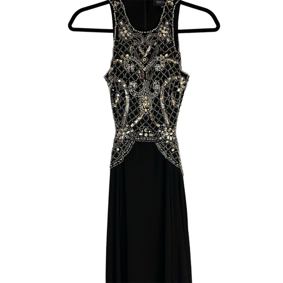 XSCAPE Long Black Beaded Sequin Open Back Sexy Formal Gown with Front Slit Sz 2 - Picture 2 of 14